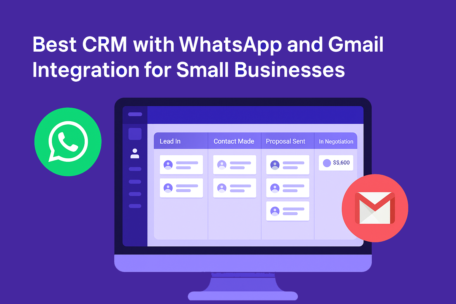 Pipermind CRM interface with WhatsApp and Gmail icons, showing integrated sales pipeline on purple background.